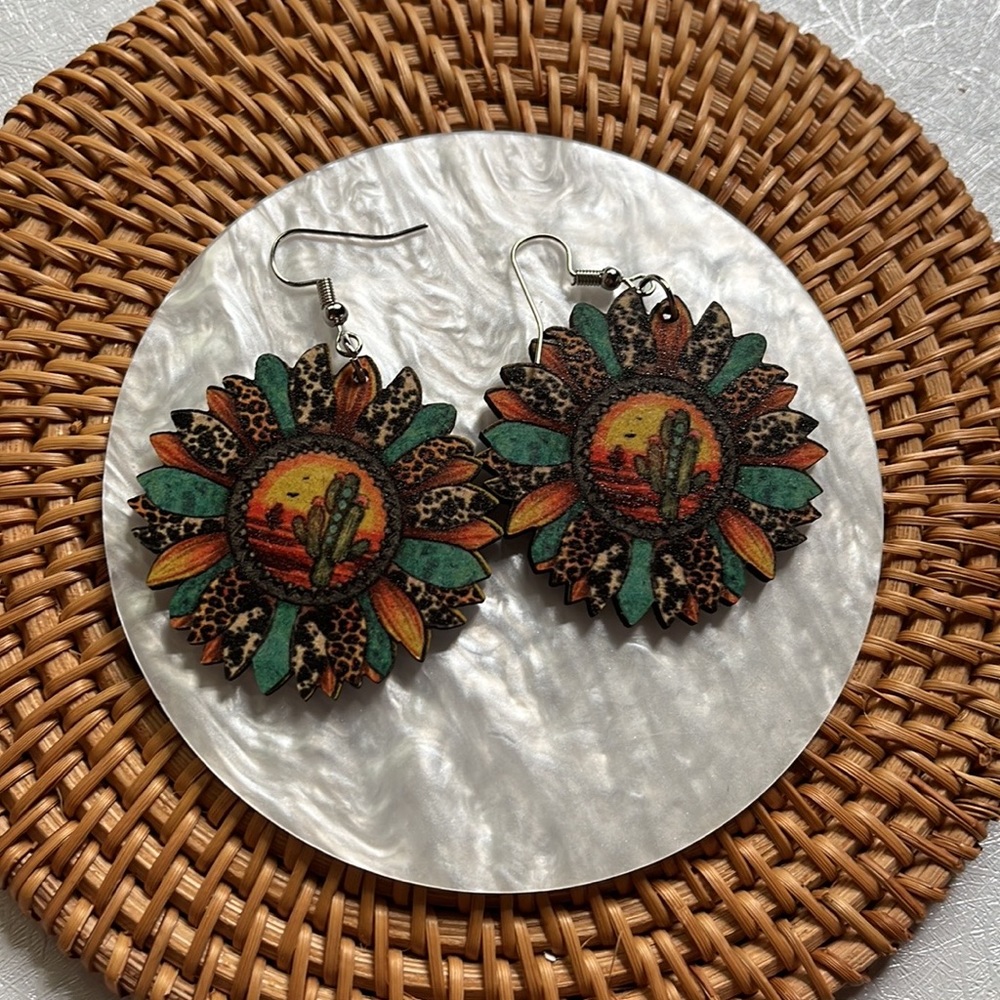 Cactus Desert Flower Wooden Earrings